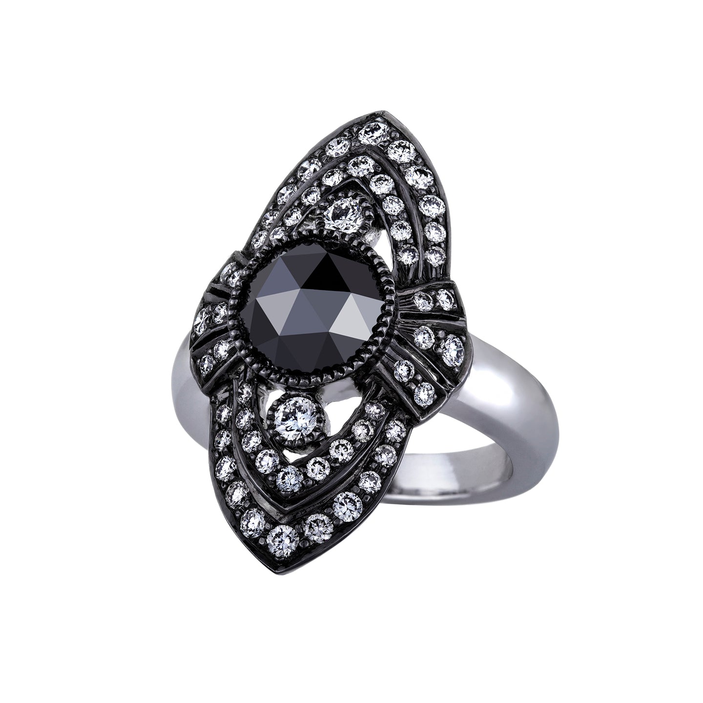 Deco Shield Black and White Diamond Ring
