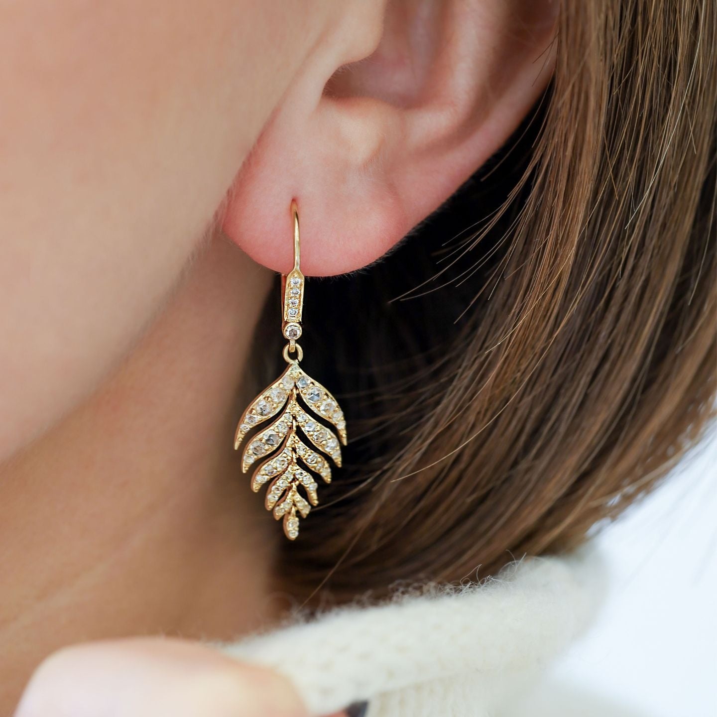 Feuille White Diamond Drop Earrings