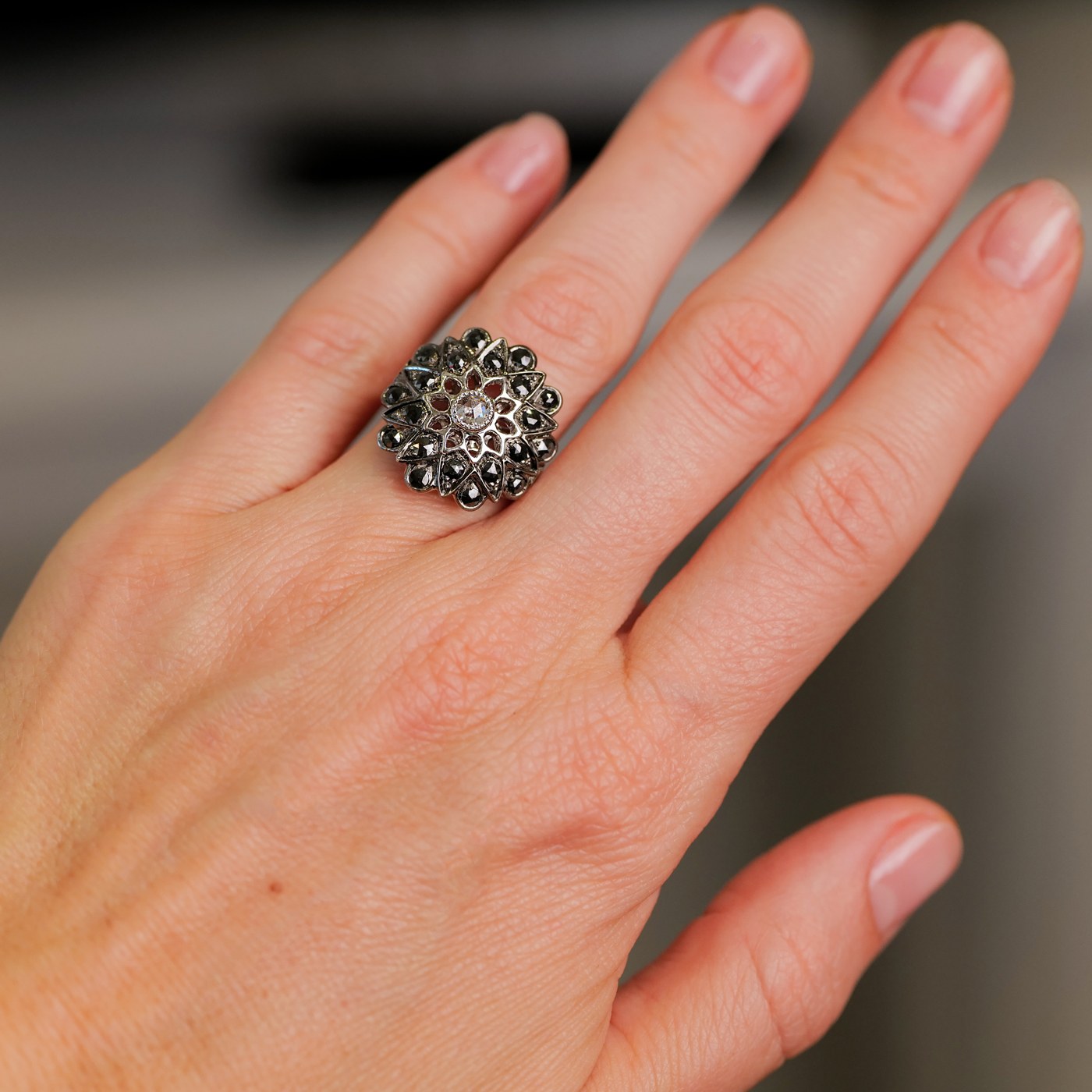 Plume Black Rose Cut Diamond Cocktail Ring