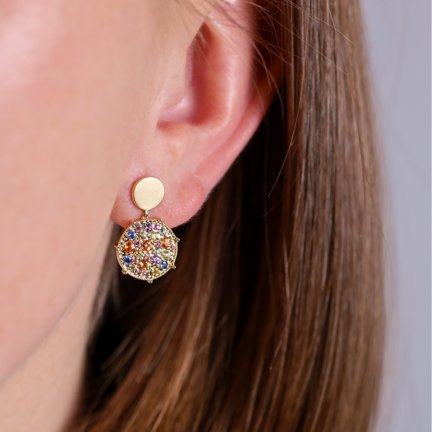 Confetti Disc Rainbow Sapphire Double Drop Earrings