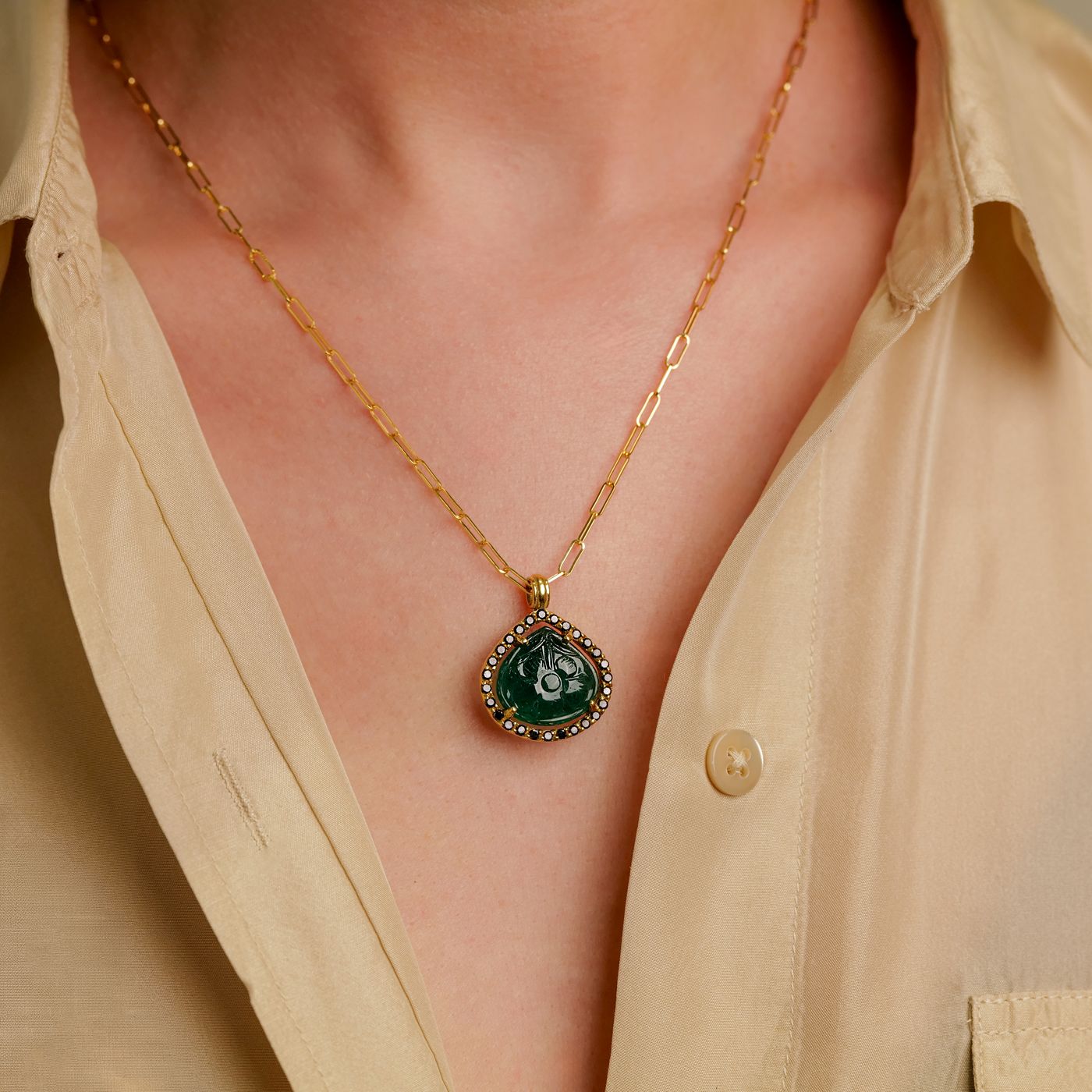 Carved Emerald Yellow Gold Pendant