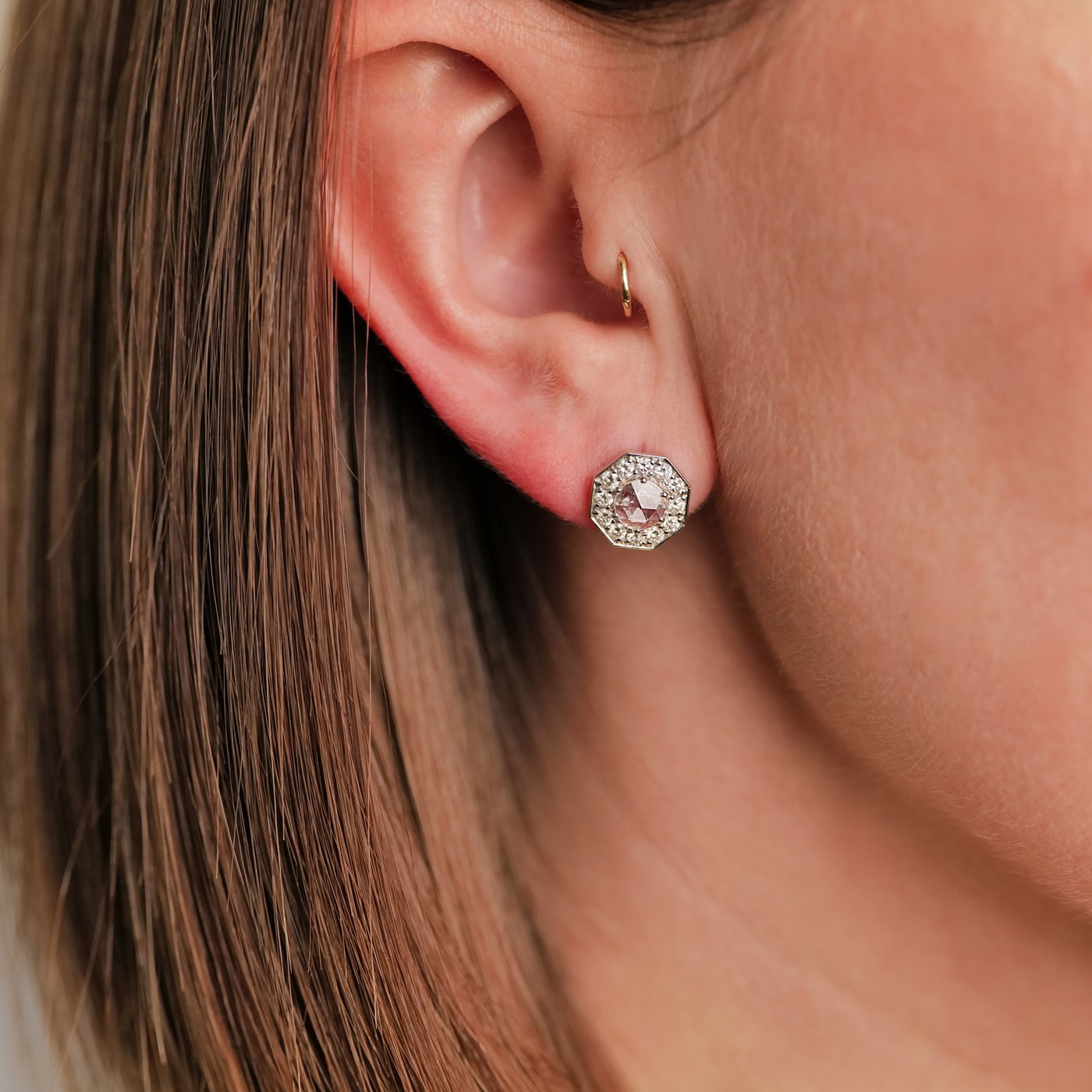 Hexagon Rose Cut White Diamond Stud Earrings