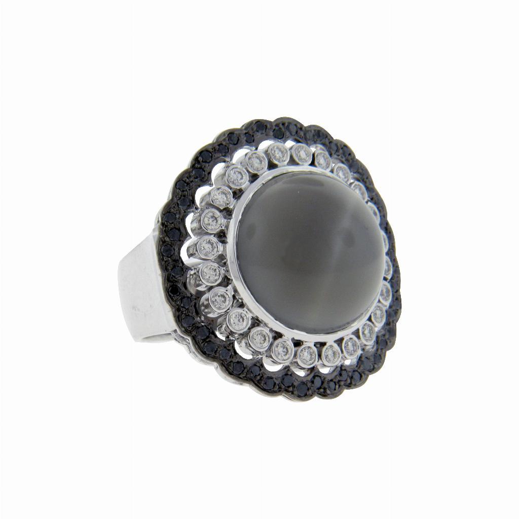 Moonstone White and Black Diamond Ring