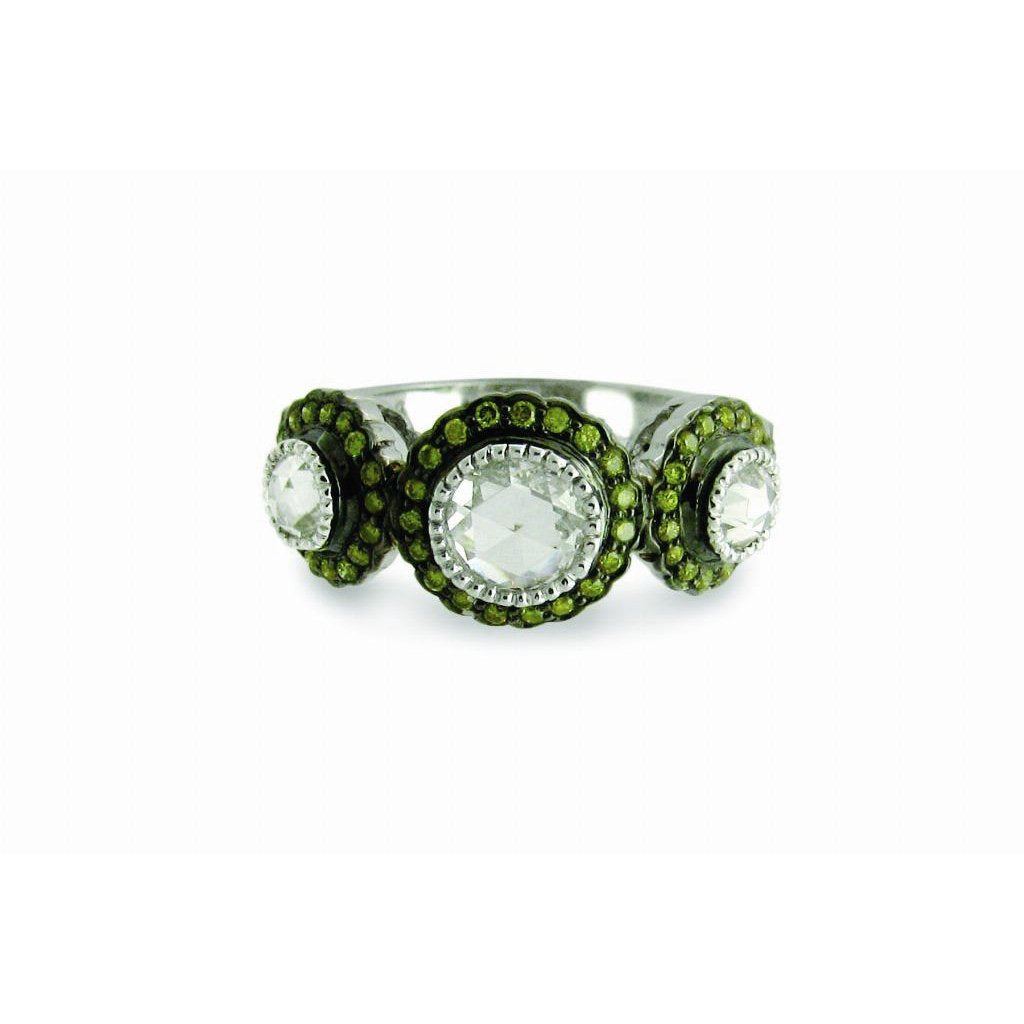 True Romance 3 Stone Rose Cut, Green, and Burnt Orange Diamond Ring