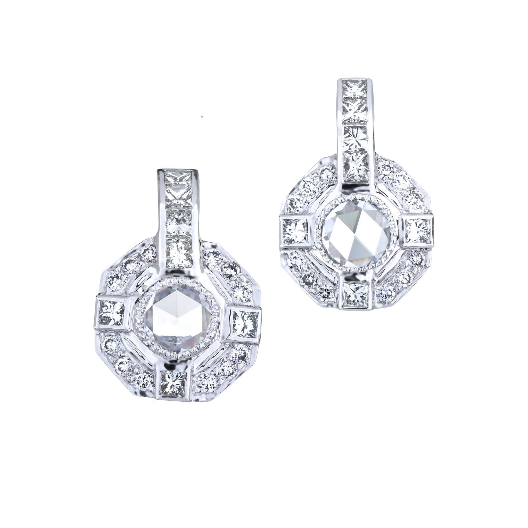 Moderne Rose Cut and Princess Cut Diamond Drop Earrings