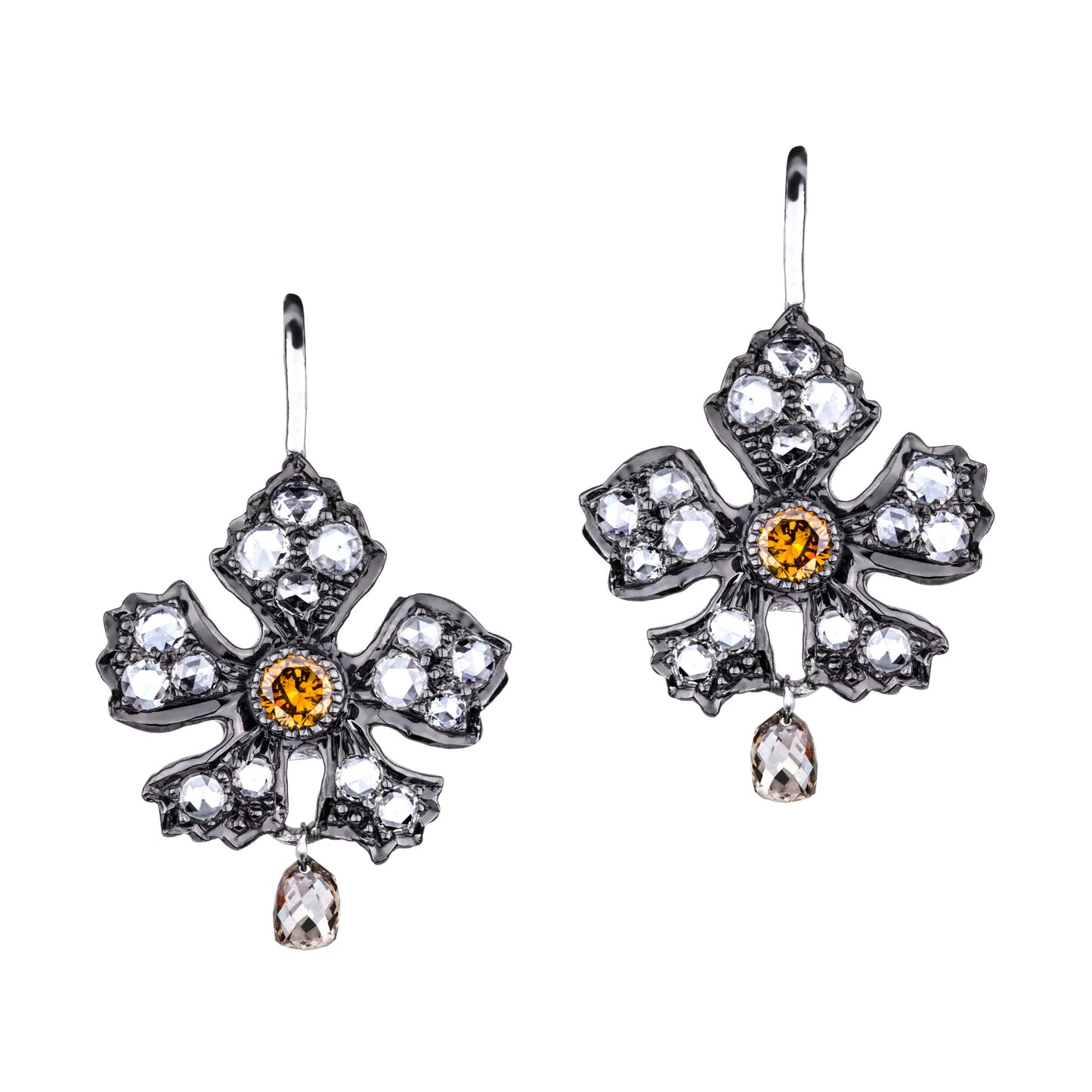 Enchanted Garden Rose Cut and Champagne Briolette Drop Earrings