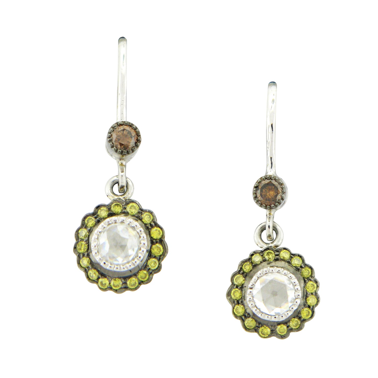 True Romance Rose Cut, Green and Burnt Orange Diamond Drop Earrings