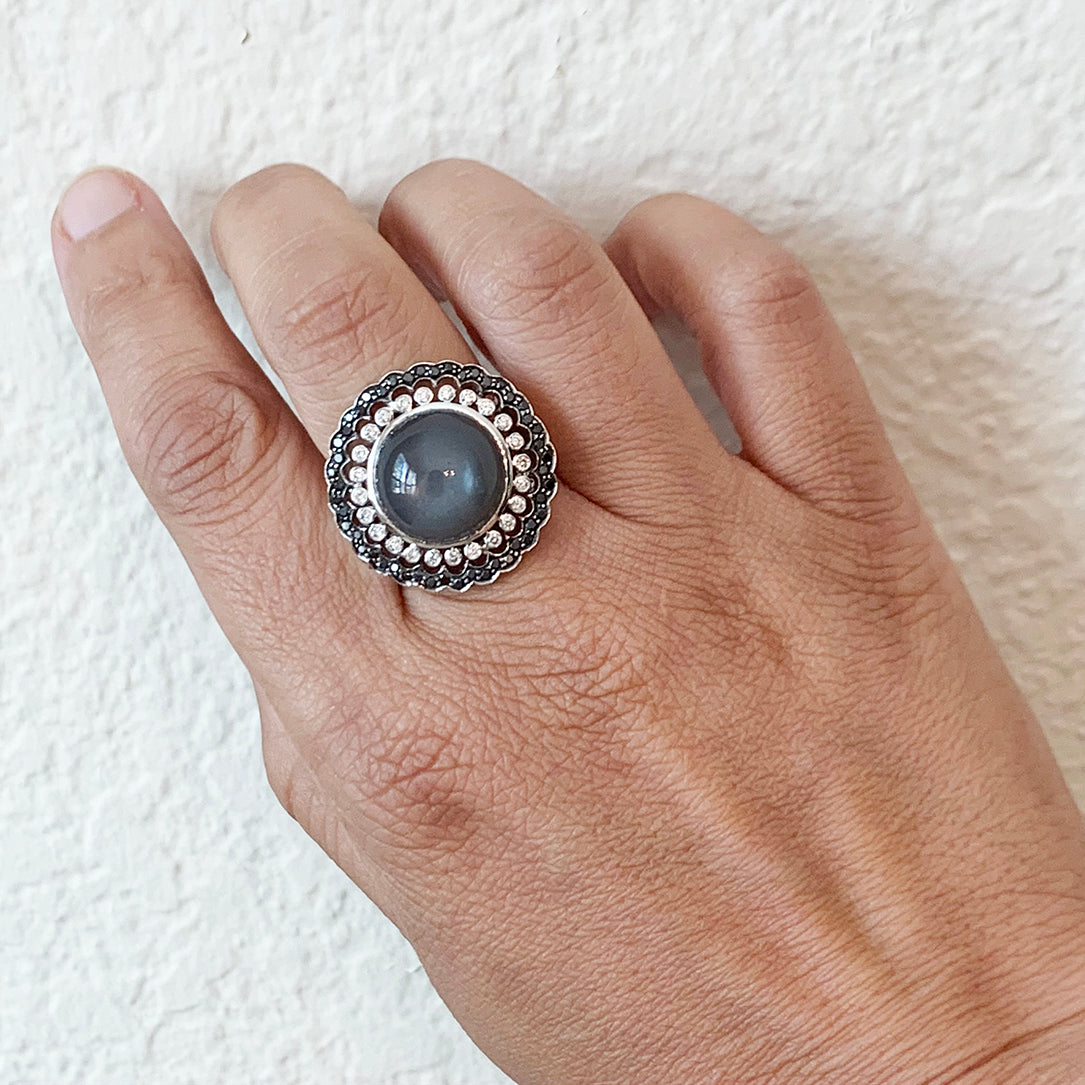 Moonstone White and Black Diamond Ring