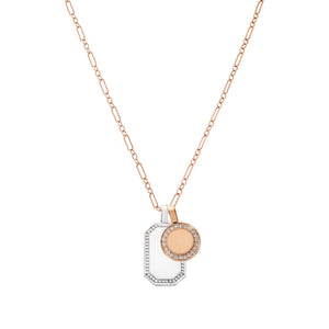 P.S. Large White Gold Tag and Rose Gold Round Charm with Diamonds on Figaro Chain